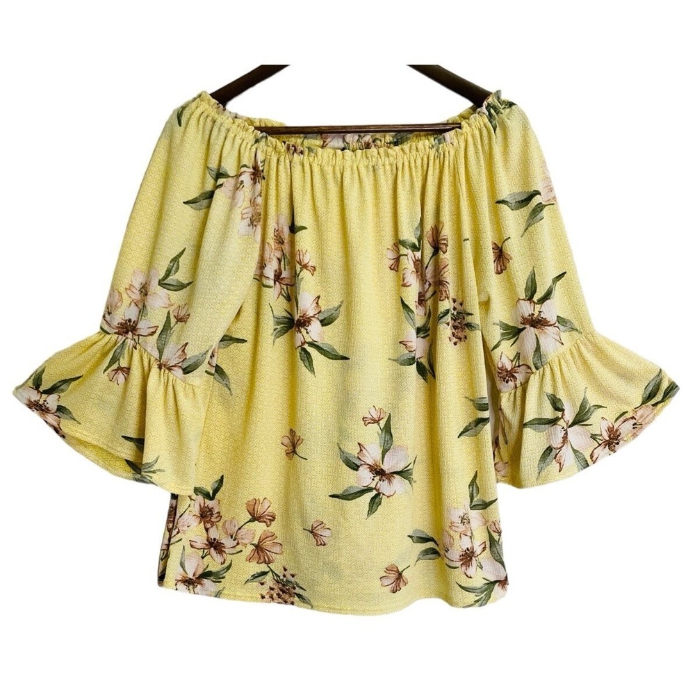 Sage & Vicky Floral Off The Shoulder Top Womens Large Yellow Bell Sleeve